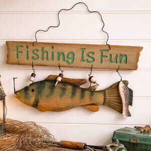 FISHING IS FUN  Wooden Wall Sign | Nautical Fish Decor | Rustic Coastal Hanging